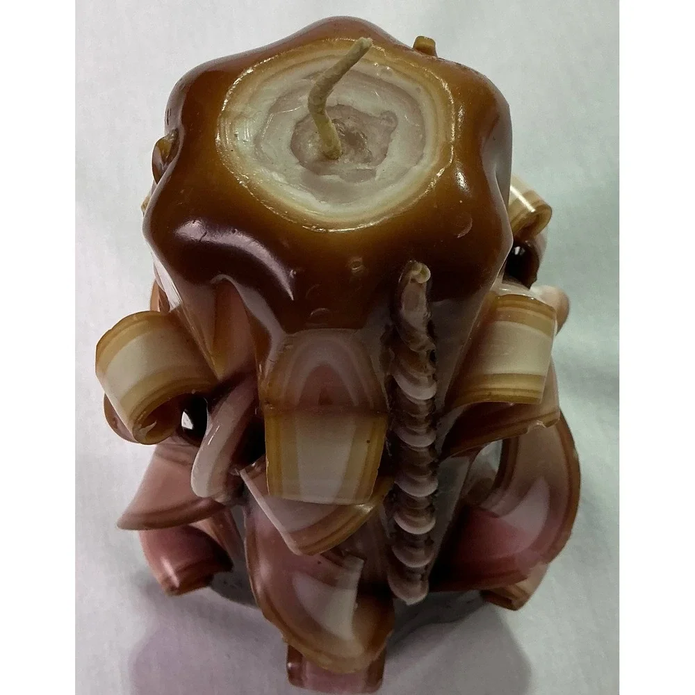 Vintage Hand Carved Layered Pillar Candle Brown Pink Cream Floral Scroll